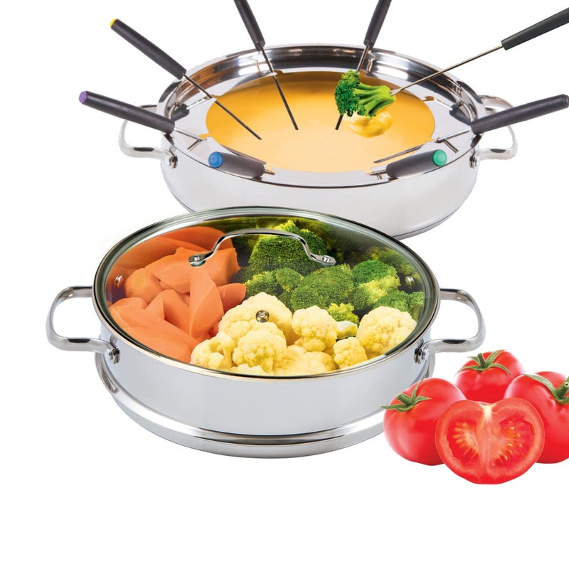 Nuwave Design-18/8 Stainless Steel Cookware,Free of PTFE PFOA PFOS,Fondue Pot Set,Works On All Cooktops and Induction Cooker,Include Pot,Steamer Basket,Glass Lid and 8 Fondue Forks,10 -YeÃ¤r WÃ¤rranty, 3.5Qt Pot, Silver - Image 2